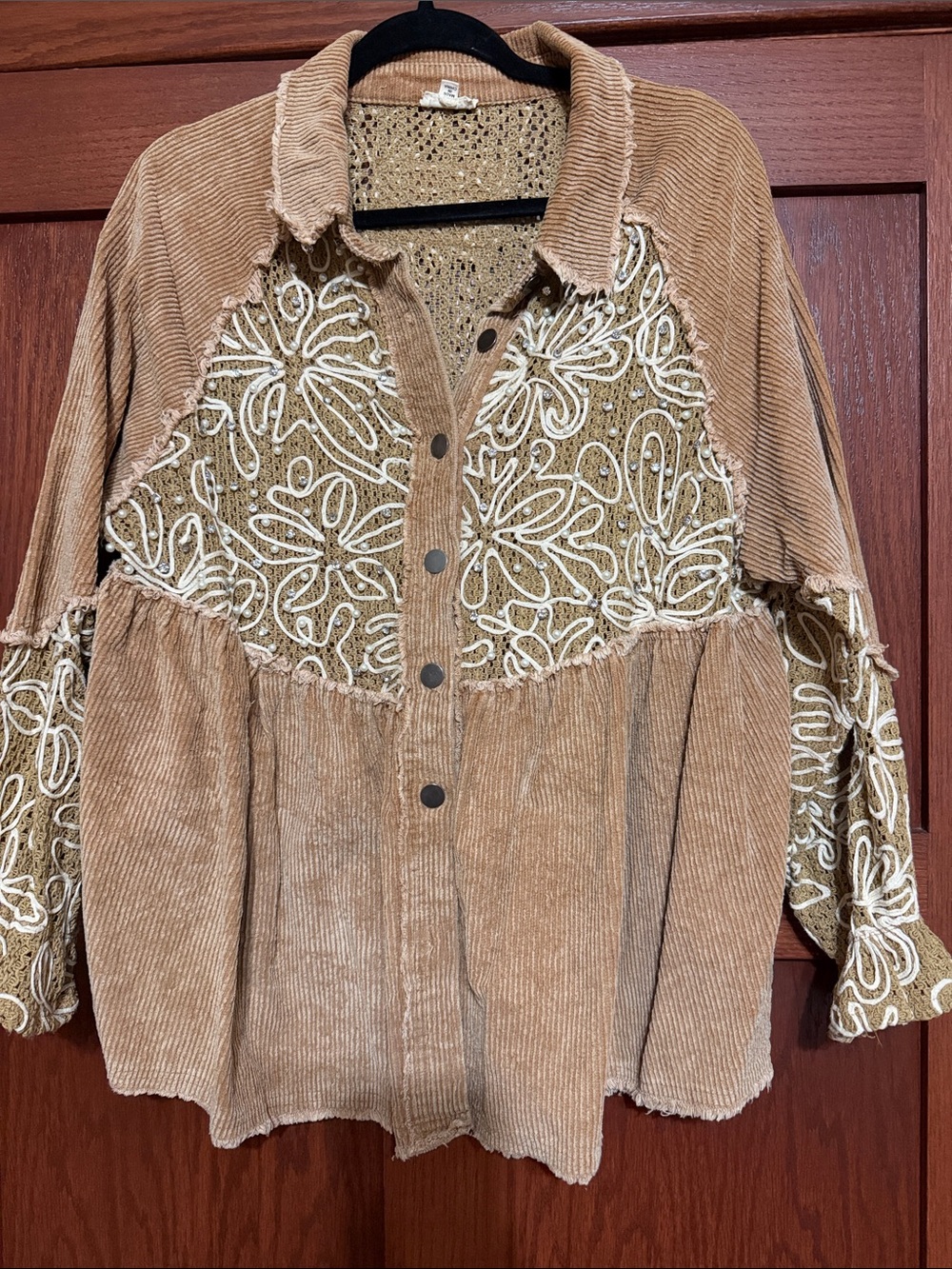 POL Corduroy Button-Front Shirt Jacket in Camel with Cream Embroidery. NWOT
